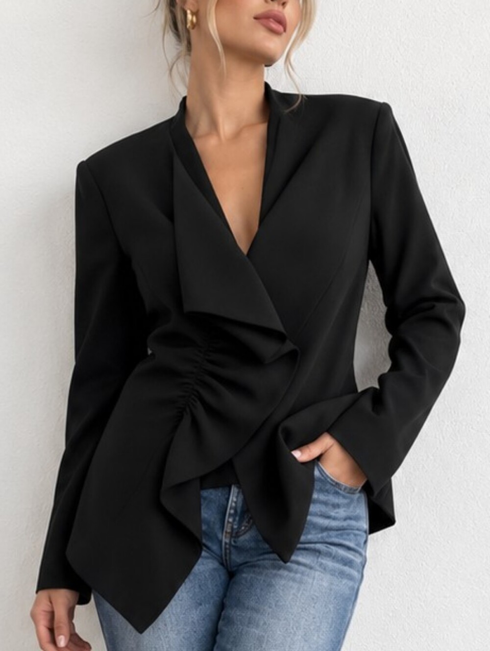 Niche Design by Ilgün Derman Black Draped Asymmetrical Blazer Jacket Size M